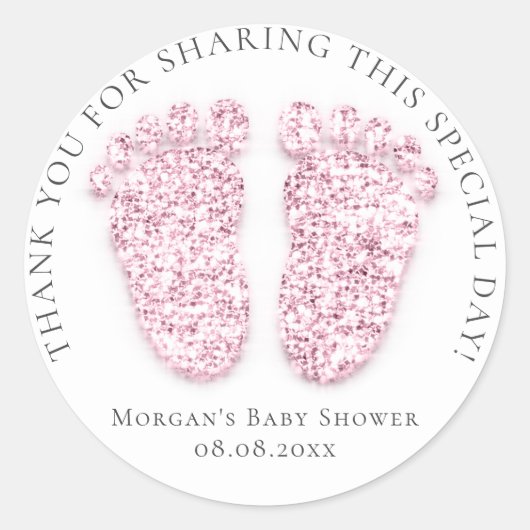 足ベビーシャワー感謝してい好みグリッターピンクグレー ラウンドシール (正面)