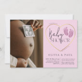 足モダンピンクグリッターベビーガールシャワー 招待状 (正面)