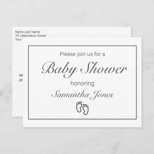 足モダンミニマル白ベビーシャワー 案内ポストカード (正面/裏面)