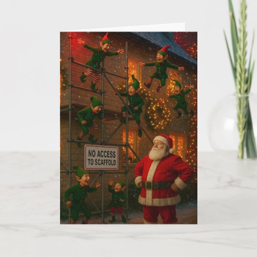 足場で遊ぶクリスマスカードの妖精 カード (正面)