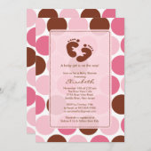 足跡のベビーシャワーの招待状のピンクの水玉模様 招待状 (正面/裏面)