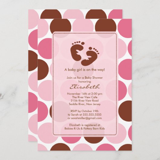 足跡のベビーシャワーの招待状のピンクの水玉模様 招待状 (正面/裏面)