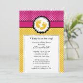 足跡のベビーシャワーの招待状の黄色の水玉模様 招待状 (スタンド正面)