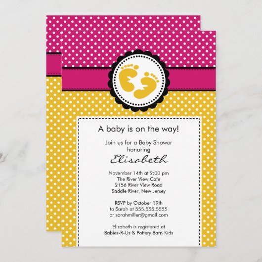 足跡のベビーシャワーの招待状の黄色の水玉模様 招待状 (正面/裏面)