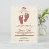 足跡ピンクの赤ちゃん女の子ムスリム誕生のお知らせ 招待状 (スタンド正面)
