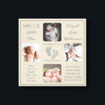 足跡マルチフォトグリーゲ誕生キープサケ キャンバスプリント<br><div class="desc">この「Hello Little One」ユニーク大切の4つの写真デザインで、お子様と同じ誕生の記念品を作成し、ベビーの名前、誕生の統計、親と兄弟姉妹の名前を掲載する。中央には、あなたの個人的なメッセージのための2つのテンプレートラインが表示される、または私たちの使用することができる。このメッセージは子供のオプションの足跡の上下にある。すべての文字と背景色は必要に応じて変更できる。ここにライトグリーンで示されている。デザイン別休日ハートデザイン（権利留保）とテンプレートプレースホルダー写真Unsplash経由。</div>