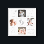 足跡マルチフォト誕生Keepsake Canvas Pr キャンバスプリント<br><div class="desc">この「Hello Little One」ユニーク大切の4つの写真デザインで、お子様と同じ誕生の記念品を作成し、ベビーの名前、誕生の統計、親と兄弟姉妹の名前を掲載する。中央には、あなたの個人的なメッセージのための2つのテンプレートラインが表示される、または私たちの使用することができる。このメッセージは子供のオプションの足跡の上下にある。すべての文字と背景色は必要に応じて変更できる。ここに白で表示。デザイン別休日ハートデザイン（権利留保）とテンプレートプレースホルダー写真Unsplash経由。</div>
