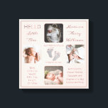 足跡マルチフォト赤面誕生記念 キャンバスプリント<br><div class="desc">この「Hello Little One」ユニーク大切の4つの写真デザインで、お子様と同じ誕生の記念品を作成し、ベビーの名前、誕生の統計、親と兄弟姉妹の名前を掲載する。中央には、あなたの個人的なメッセージのための2つのテンプレートラインが表示される、または私たちの使用することができる。このメッセージは子供のオプションの足跡の上下にある。すべての文字と背景色は必要に応じて変更できる。ピンクの赤面で。デザイン別休日ハートデザイン（権利留保）とテンプレートプレースホルダー写真Unsplash経由。</div>