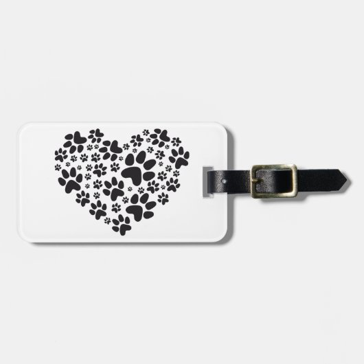 足、動物のfoodprintパターンを搭載する黒いハート ラゲッジタグ (正面横)