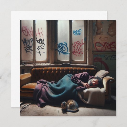 路上生活の男が廃棄された建物で寝ている (正面/裏面)