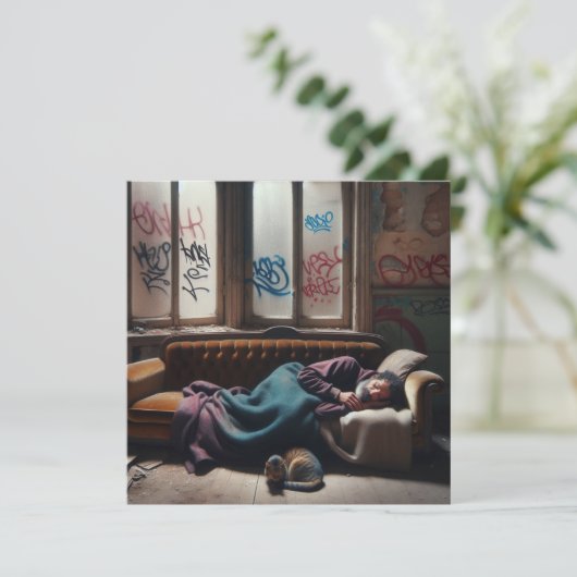 路上生活の男が廃棄された建物で寝ている (スタンド正面)