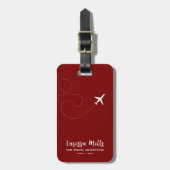 路線点々のある暗赤色の飛行機 ラゲッジタグ (正面縦)