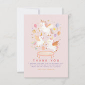 跳ねるユニコーンのピンクの誕生日パーティーお礼メッセージ サンキューカード (正面)