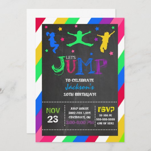 跳ね上がりの家のトランポリンの誕生日の招待状を跳んで下さい 招待状 (正面/裏面)