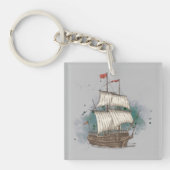 跳ね上げ背景に弓の波で手引き船 キーホルダー (正面)