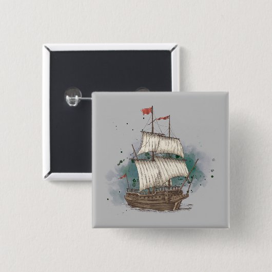 跳ね上げ背景に弓の波で手引き船 缶バッジ (正面&裏面)