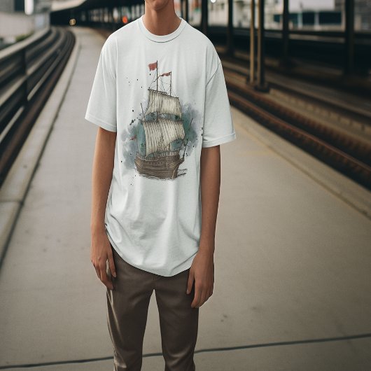 跳ね上げ背景に弓の波で手引き船 Tシャツ