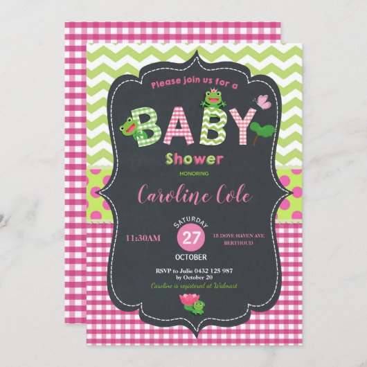 跳躍のカエルのベビーシャワーの女の子 招待状 (正面/裏面)