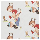 跳躍のカエルの生地を遊んでいるヴィンテージの子供 ファブリック (クローズアップ)