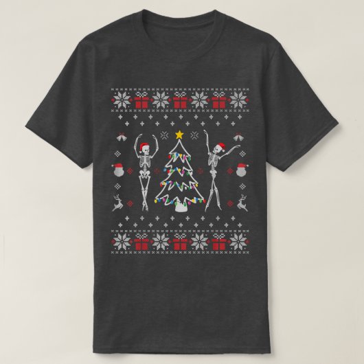 踊りおもしろいスケルトンクリスマスライト醜いクリス Tシャツ (デザイン正面)