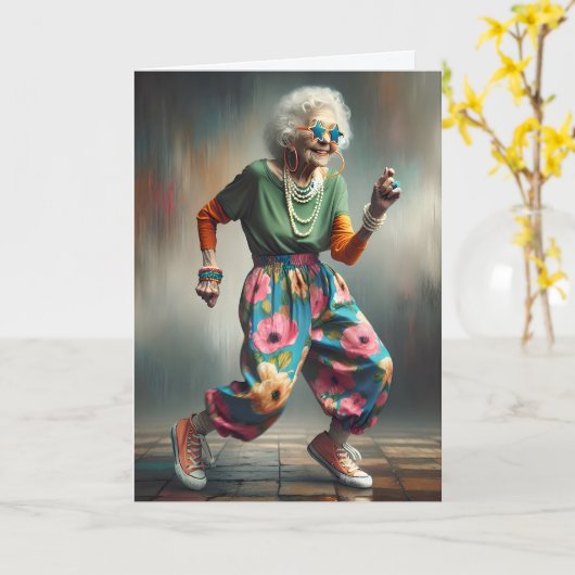 踊りお尻オールドレディーフォー誕生日 カード (黄色い花)