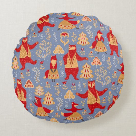 踊りのクマとキツネは、魔法の森の水夫 ラウンドクッション (正面)