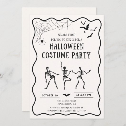 踊りのスケルトン、お洒落ハロウィーンの衣装 招待状 (正面/裏面)