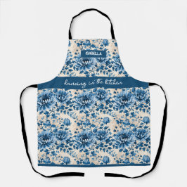 "踊りインキッチン" – ブルーフローラ名前をカスタムする エプロン