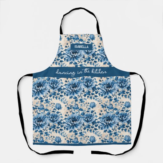"踊りインキッチン" – ブルーフローラ名前をカスタムする エプロン (正面)