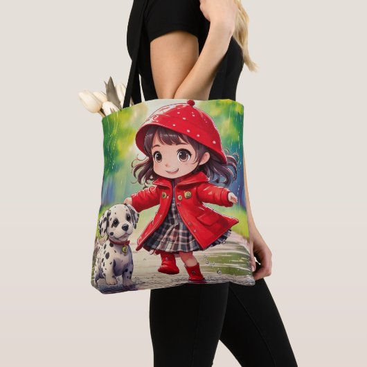 踊りイン雨 – チビ(小さくかわいく書いた感じ)アート トートバッグ (クローズアップ)