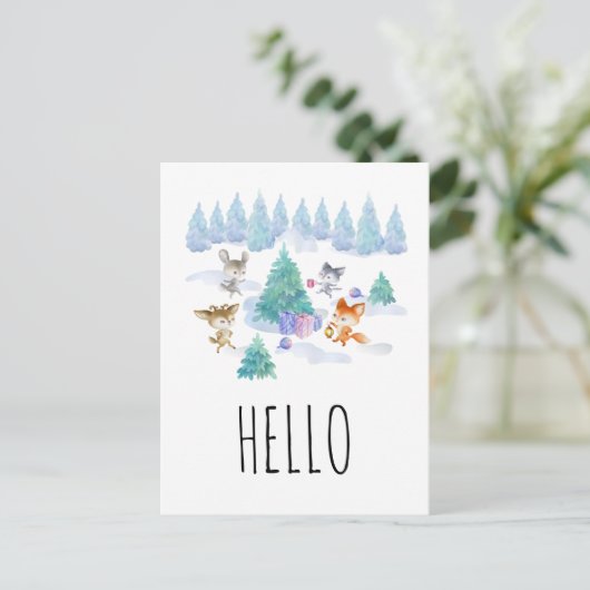 踊りウッドランド動物の水の色こんにちは ポストカード (スタンド正面)