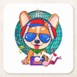 踊りコーギかわいいキュート、音楽Pup スクエアペーパーコースター