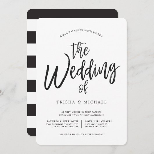 踊りスクリプト(黒)|ホワ結婚イト(ストライプの背) 招待状 (正面/裏面)