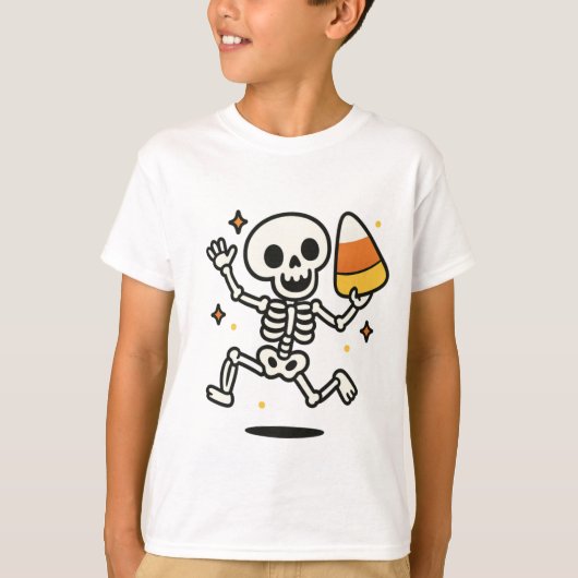 踊りスケルトンとキャンディコーンハロウィーン Tシャツ (正面)