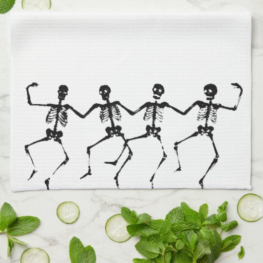 踊りスケルトン（黒い白） キッチンタオル (折り畳み)