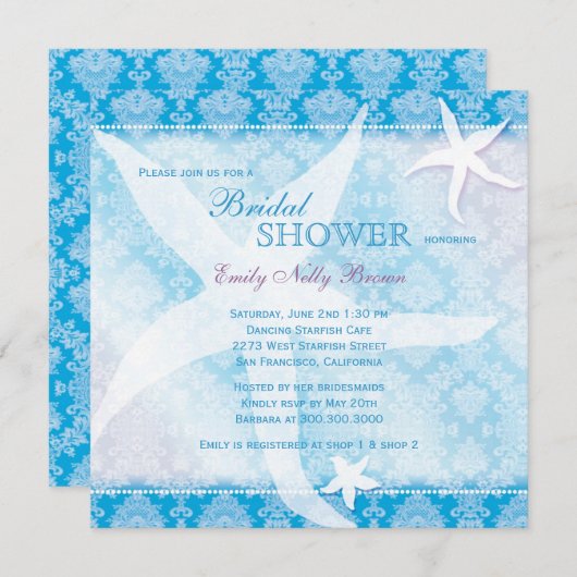 踊りスターフィッシュ海ブルーサマーブライダルシャワー 招待状 (正面/裏面)
