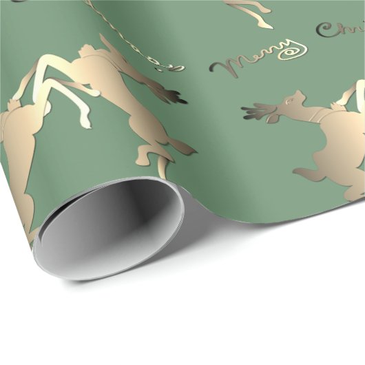 踊りトナカイが緑に"メリークリスマス" ラッピングペーパー (ロールコーナー)