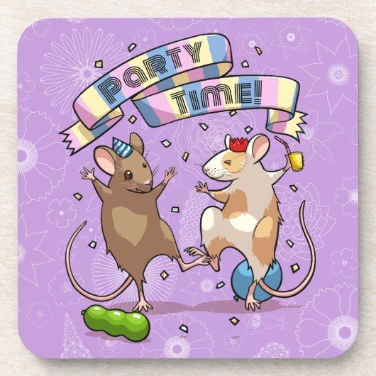踊りネズミパーティータイムバナー紙吹雪とバルーン コースター (正面)