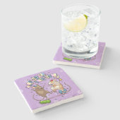 踊りネズミパーティータイムバナー紙吹雪とバルーン ストーンコースター (横)