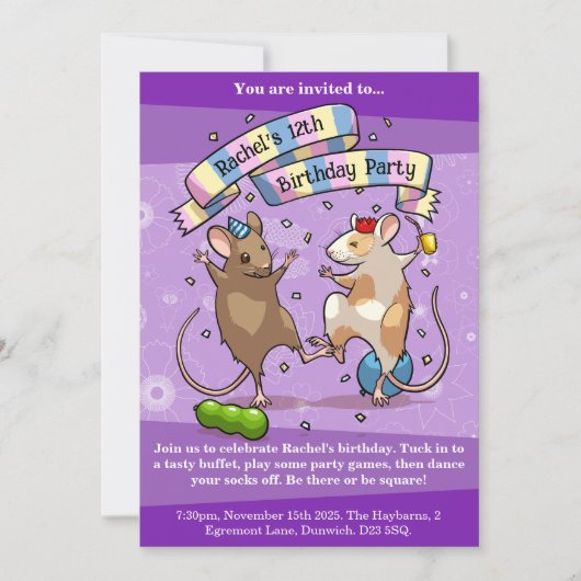 踊りネズミ年齢と名前ハッピーバースデーパーティー 招待状 (正面)