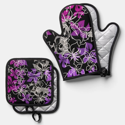 踊りハイビスカスハワイアンブレンドパープル 鍋つかみ&鍋敷きセット (正面/裏面)