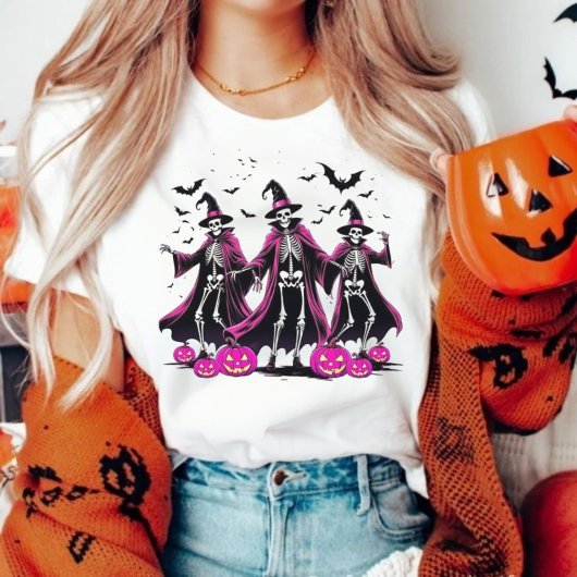 踊りピンクスケルトンハロウィーンウィッチ Tシャツ