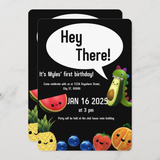 踊りフルーツをテーマにした最初の誕生日カード 招待状 (正面/裏面)