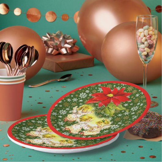 踊りベビーエンジェルズウィズスノーフレークスオングリーン ペーパープレート (複数)