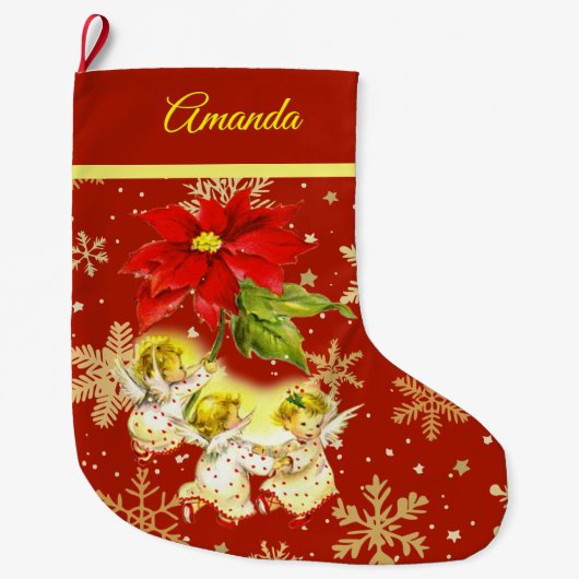 踊りベビーエンジェルズオンレッドスノーフレーク金ゴールド ラージクリスマスストッキング (正面)