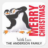 踊りペンギンスクリスマスラベル スクエアシール (正面)