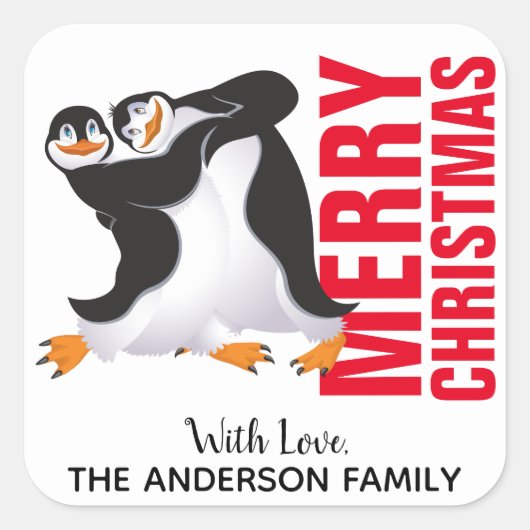 踊りペンギンスクリスマスラベル スクエアシール (正面)