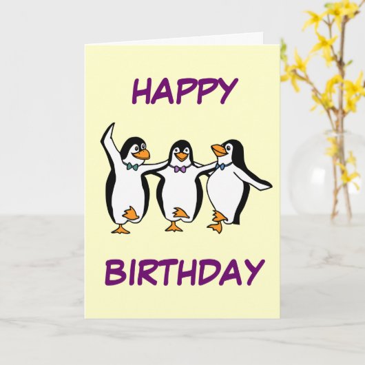 踊りペンギン誕生日カード カード (黄色い花)