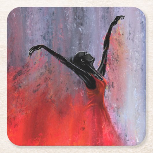 踊りレディーインレッド – 抽象芸術オリジナル絵画ズ スクエアペーパーコースター (正面)