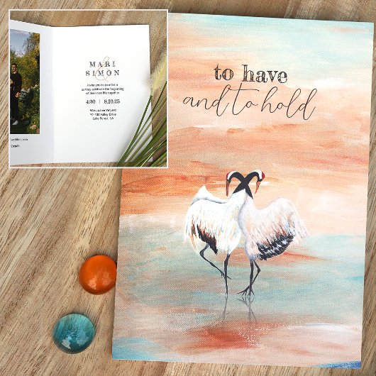 踊り日本のタンチョクレーンベージュブルー結婚ズ 招待状